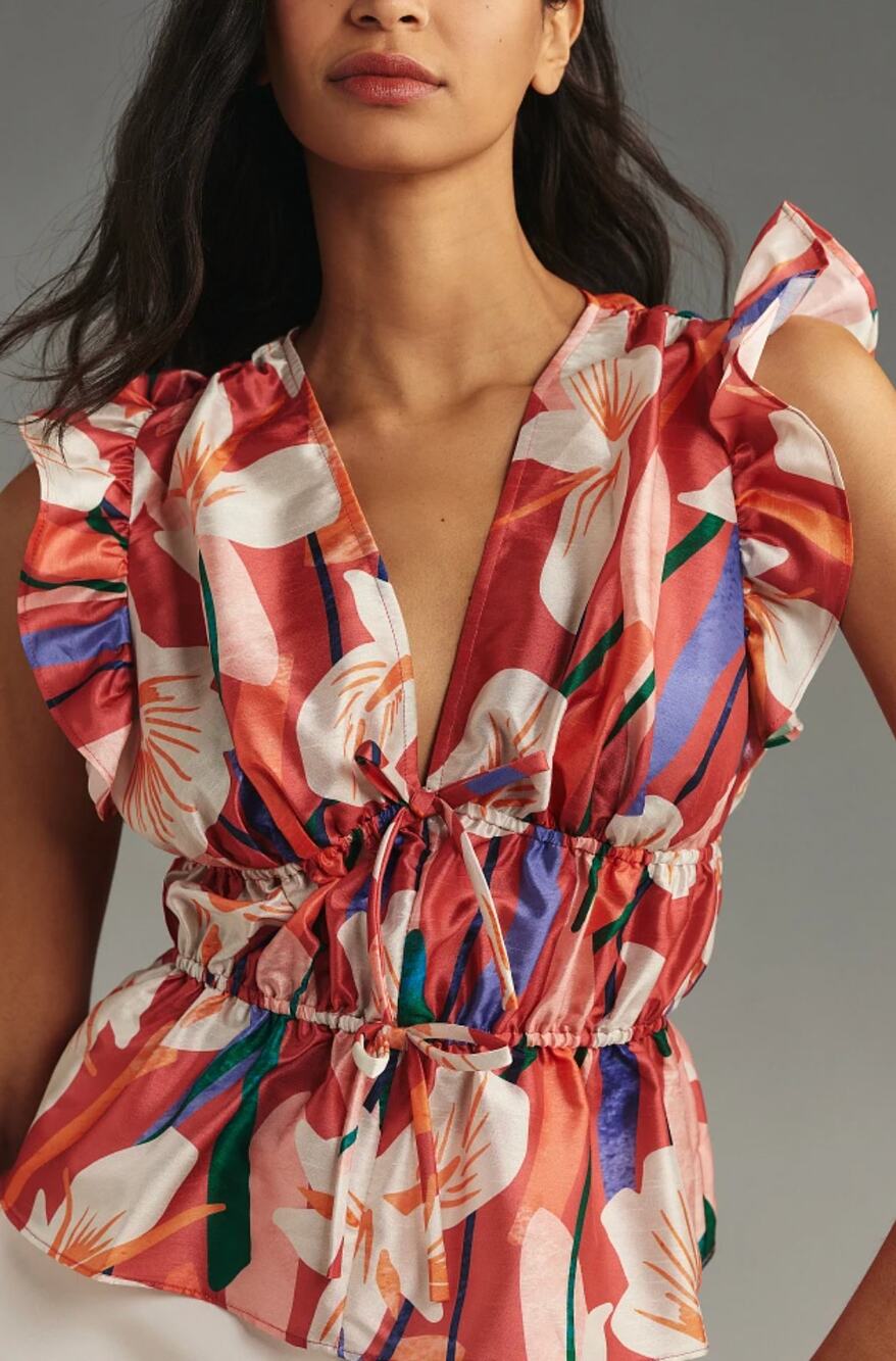 HUTCH Loni Brick Textured Orchids Ruffle Top Size Small NEW